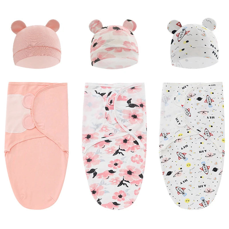 Muslin Cotton Newborn Swaddle Set – Adjustable Sleeping Bag & Hat for Infants (0-6M)