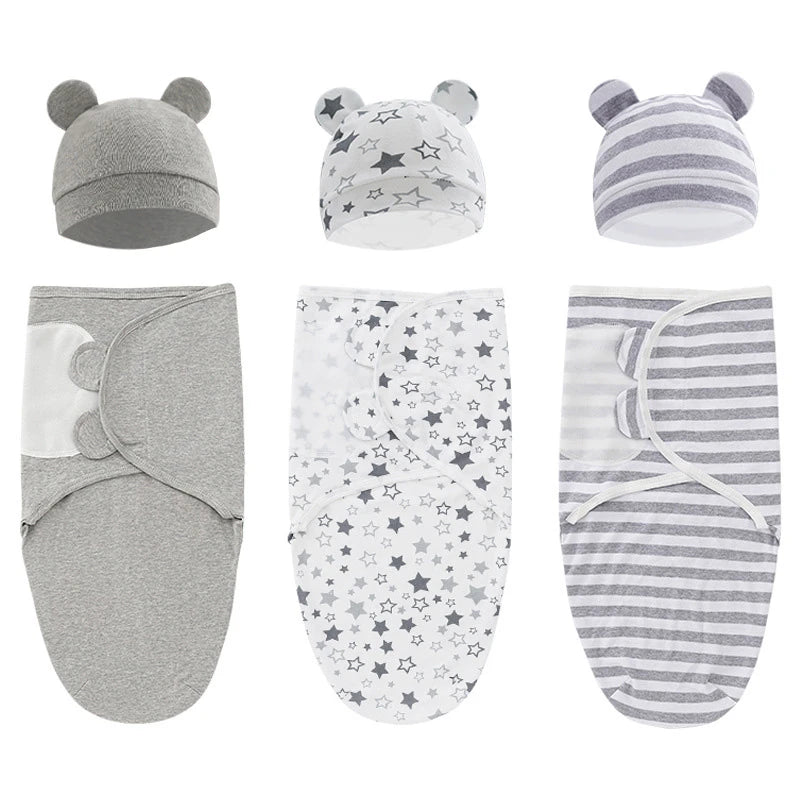 Muslin Cotton Newborn Swaddle Set – Adjustable Sleeping Bag & Hat for Infants (0-6M)