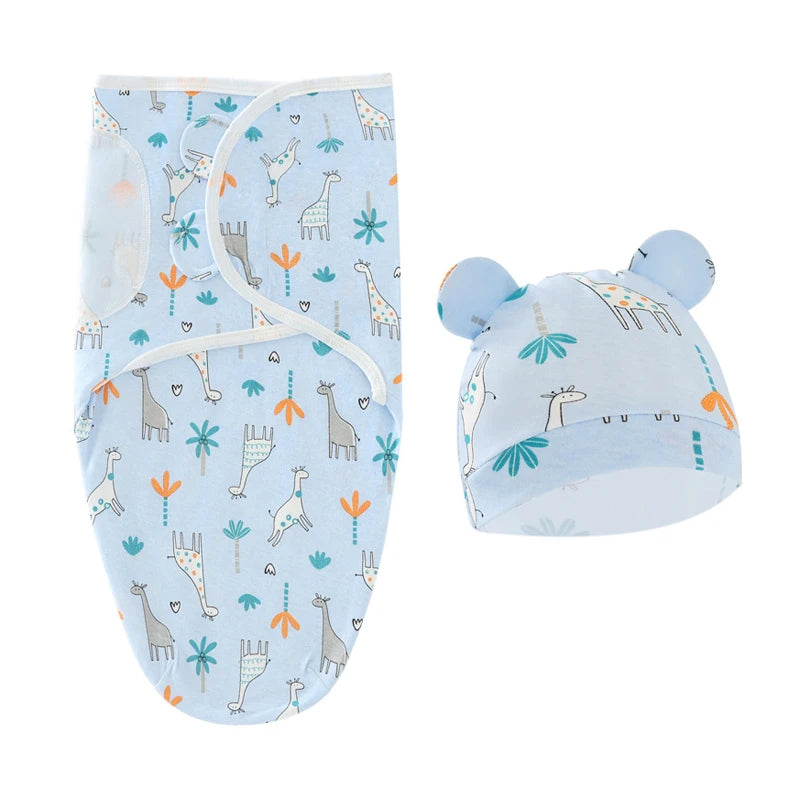 Muslin Cotton Newborn Swaddle Set – Adjustable Sleeping Bag & Hat for Infants (0-6M)