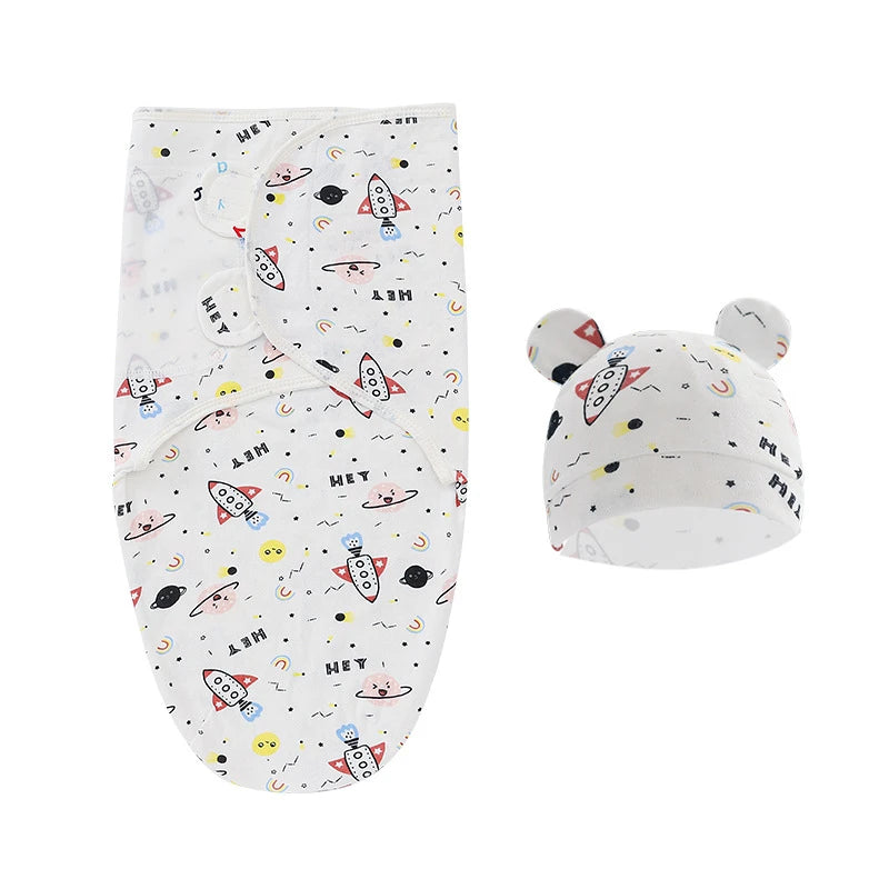 Muslin Cotton Newborn Swaddle Set – Adjustable Sleeping Bag & Hat for Infants (0-6M)