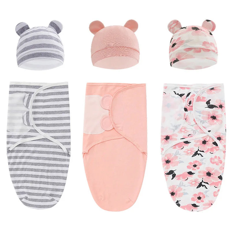 Muslin Cotton Newborn Swaddle Set – Adjustable Sleeping Bag & Hat for Infants (0-6M)
