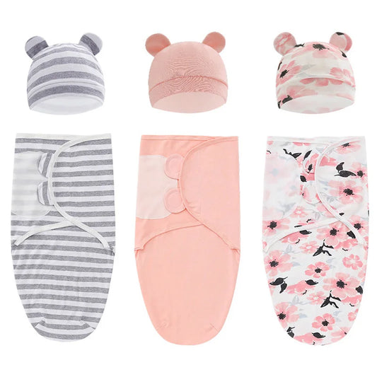 Muslin Cotton Newborn Swaddle Set – Adjustable Sleeping Bag & Hat for Infants (0-6M)