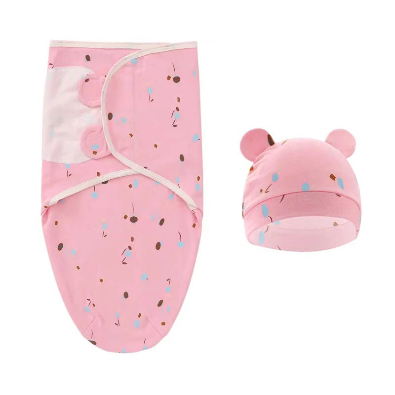 Muslin Cotton Newborn Swaddle Set – Adjustable Sleeping Bag & Hat for Infants (0-6M)