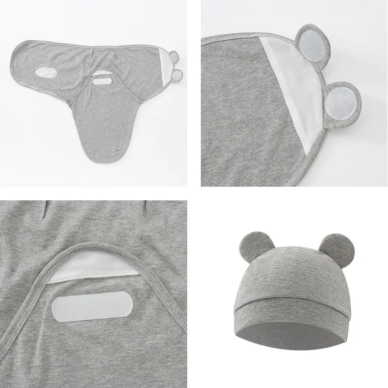 Muslin Cotton Newborn Swaddle Set – Adjustable Sleeping Bag & Hat for Infants (0-6M)
