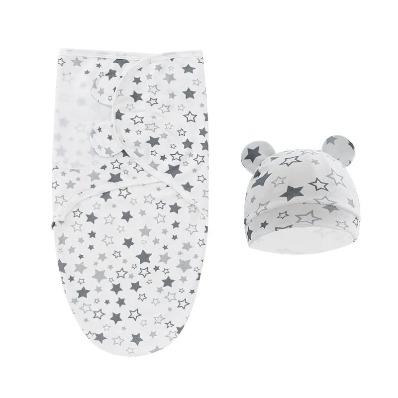 Muslin Cotton Newborn Swaddle Set – Adjustable Sleeping Bag & Hat for Infants (0-6M)